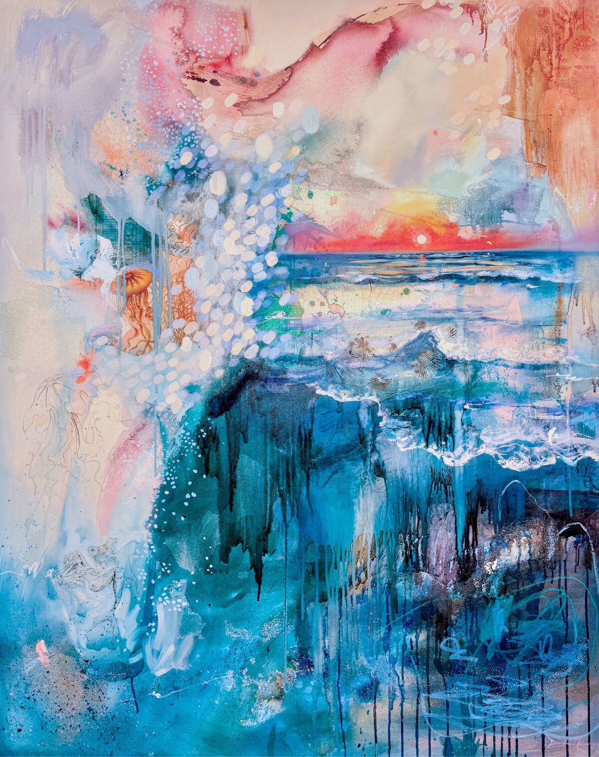 Abstract ocean horizon painting with golden light